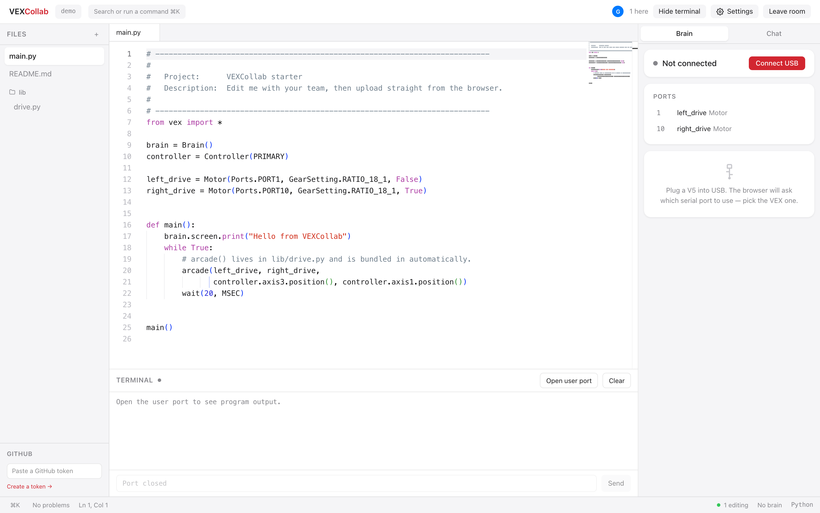 VEXCollab editor with a Python file, shared file tree, terminal, and V5 robot connection panel